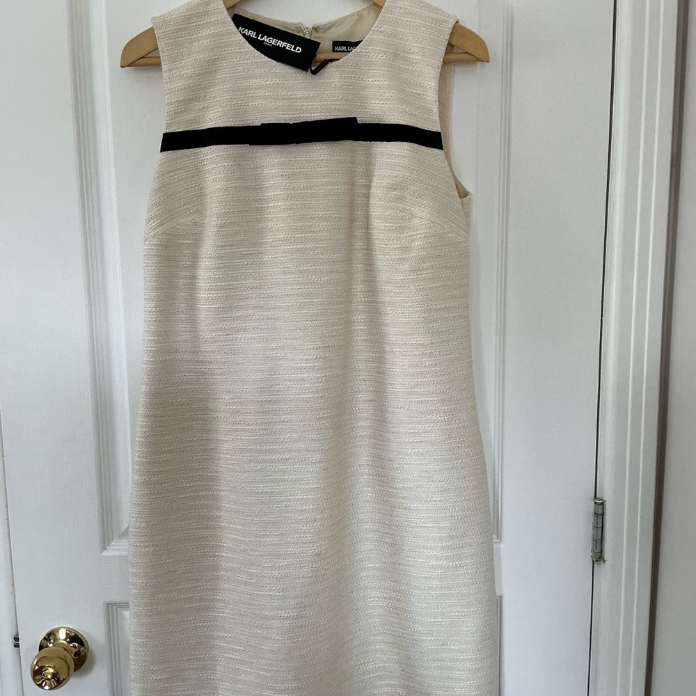 Karl Lagerfeld Cream Textured Sleeveless Shift Dress with Black Chest Trim